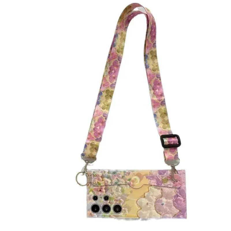Blue Light Rhinestone Oil Painting Flower Wristband iPhone Case - Viexta