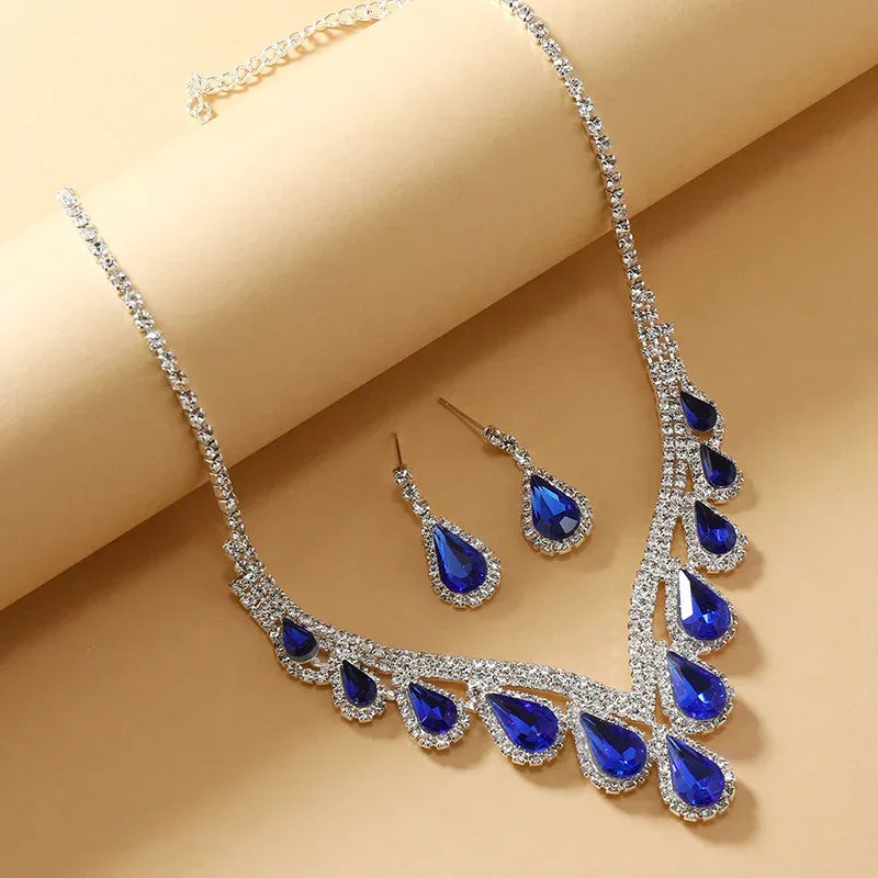 Sapphire Crystal Blue Clavicle Neckpiece Set - Viexta