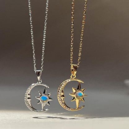 Stainless Steel Moon Star Zircon Necklace