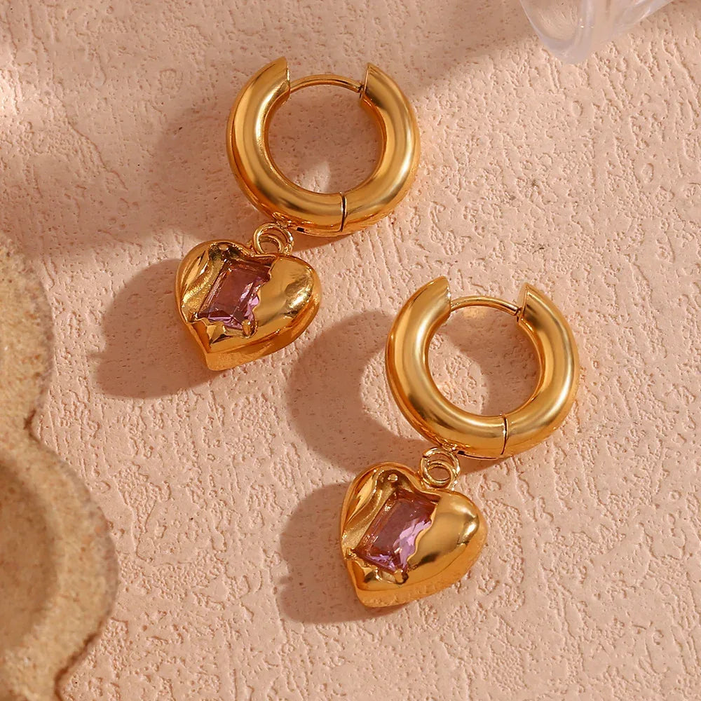 Stainless Steel Peach Heart Zircon Earrings - Viexta