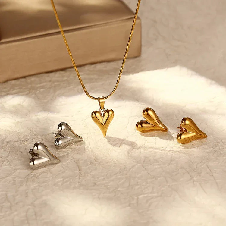 Heart-shaped Stainless Steel Studs and Necklace - Viexta