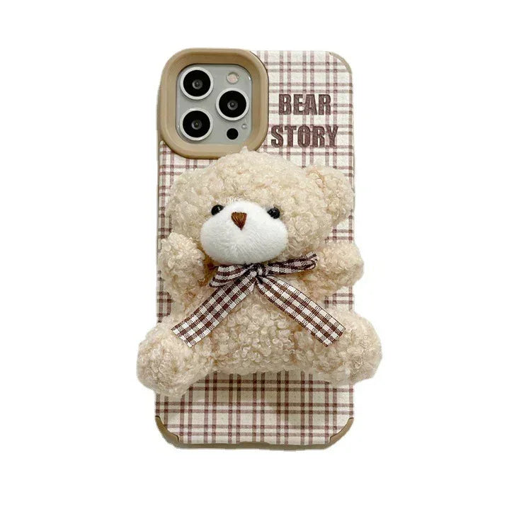 Line Plaid Plush Bear Stand iPhone Case - Viexta