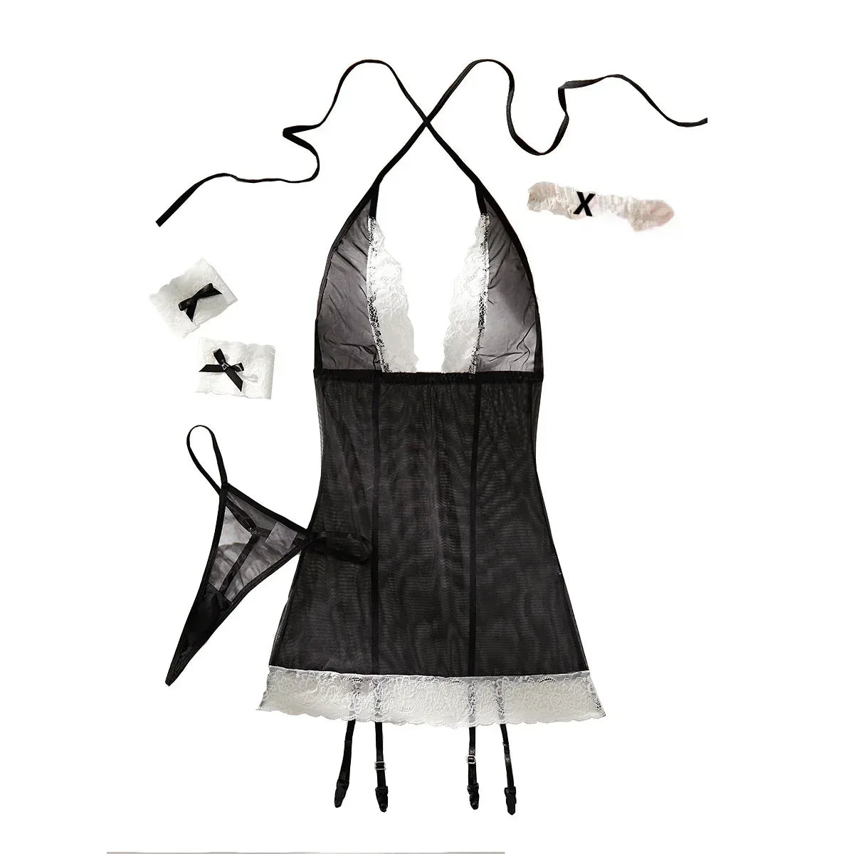 Lace Joint Mesh See-through Lingerie Four-piece Set - Viexta