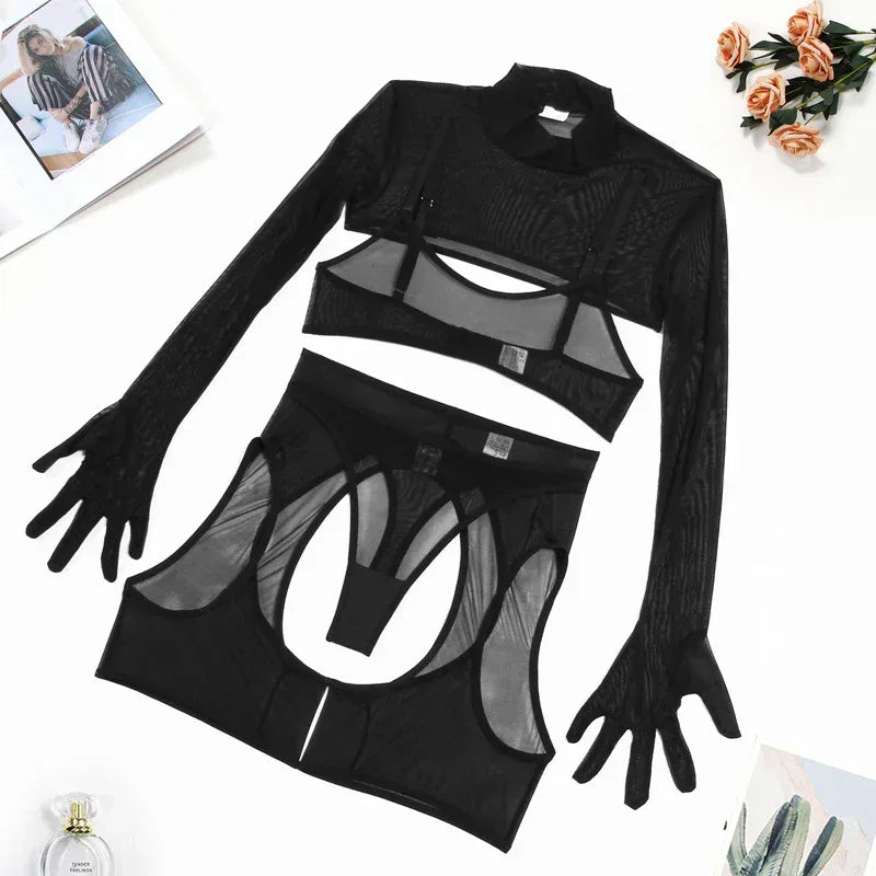 sheer-mesh-sleeve-gloves-lingerie-four-piece-set - Viexta