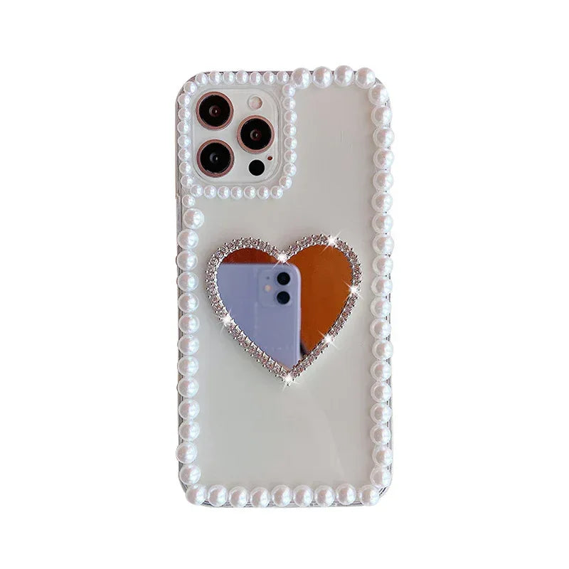Acrylic Pearl Heart Mirror Rhinestone iPhone Case - Viexta