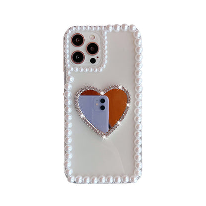 Acrylic Pearl Heart Mirror Rhinestone iPhone Case