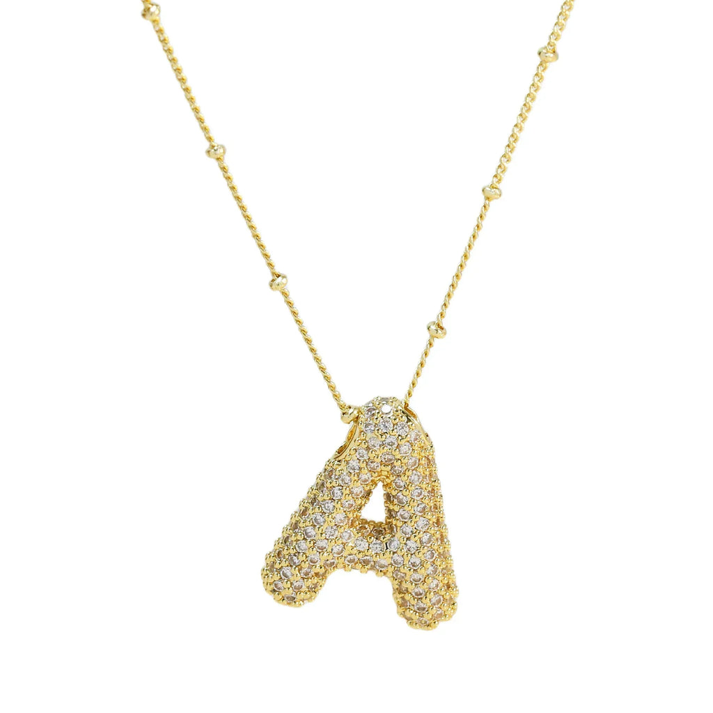 brass-zircon-bubble-letter-pendant-necklace - Viexta