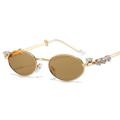 Diamond Decoration Oval Metal Sun Glasses