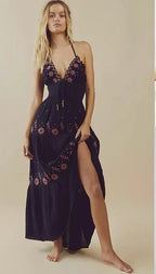 Summer V-neck Sleeveless Waist Embroidered Dress - Viexta