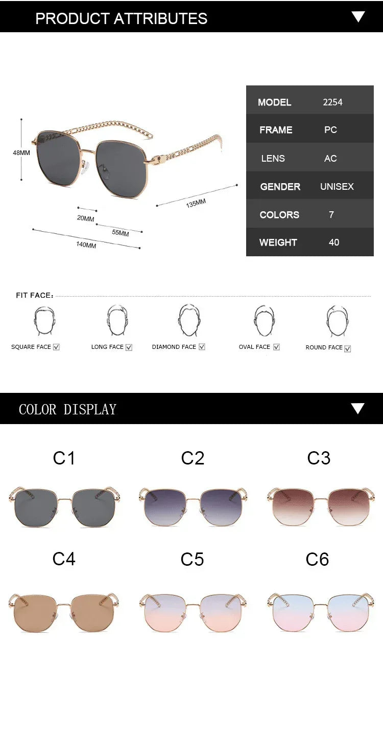 Oval Frame Metal Chain Sunglasses - Viexta