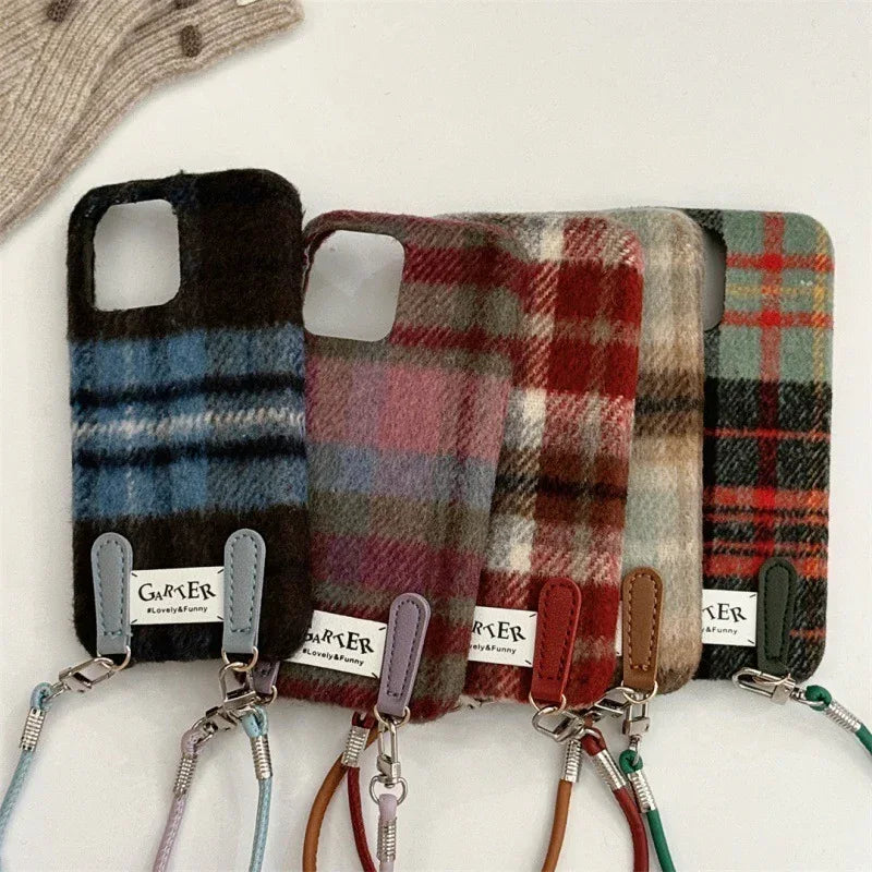 Flannel Contrast Color Check Carrying Strap iPhone Case - Viexta