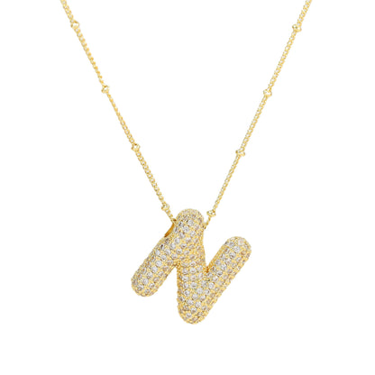 Brass Zircon Bubble Letter Pendant Necklace