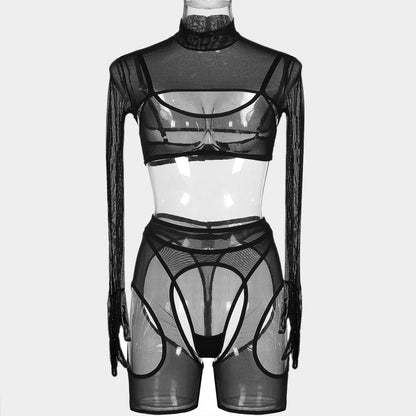 Sheer Mesh Sleeve Gloves Lingerie Four-piece Set