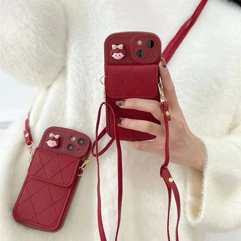 Red Crossbody Card Holder With Lanyard iPhone Case - Viexta