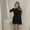 Slanted Shoulder Pleated Dress - Viexta