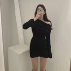 Slanted Shoulder Pleated Dress - Viexta