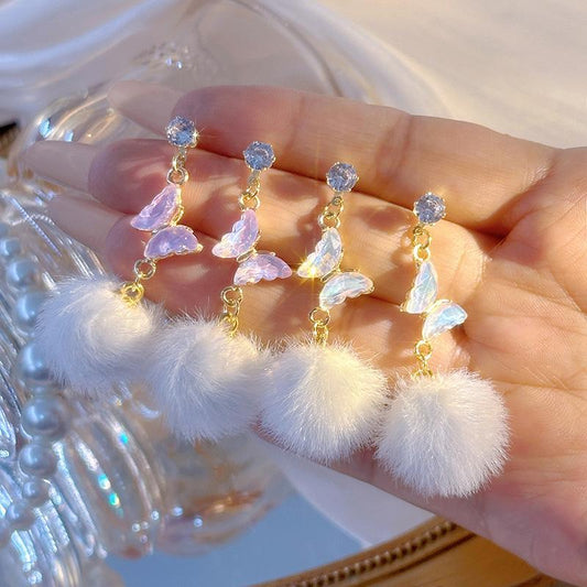 Long Butterfly Fur Ball Tassel Earrings