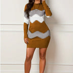 Mid-length Short Skirt Round Neck Long Sleeve Printed Knitted Sheath Dress - Viexta