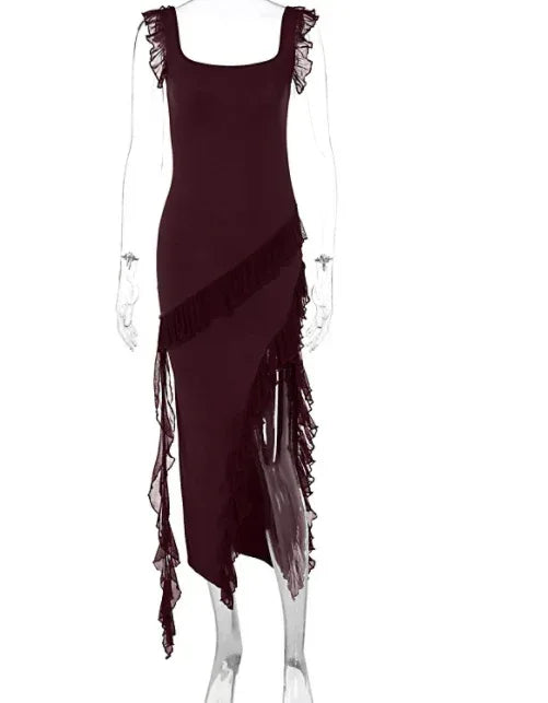 Ruffle Thigh High Split Dress - Viexta