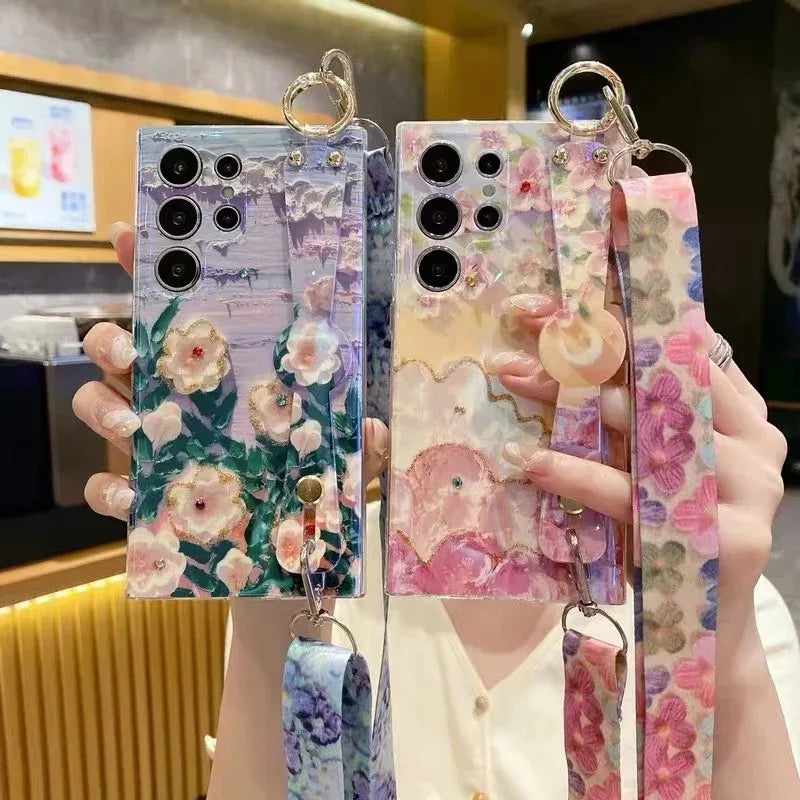 Blue Light Rhinestone Oil Painting Flower Wristband iPhone Case - Viexta