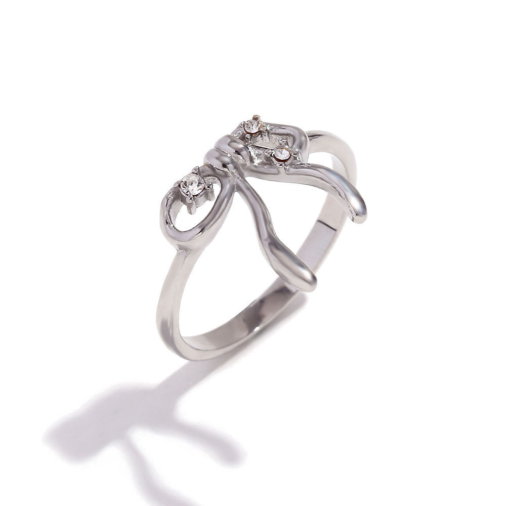 Stainless Steel 18K Gold Plating Rhinestone Bow Pendant Earring Ring