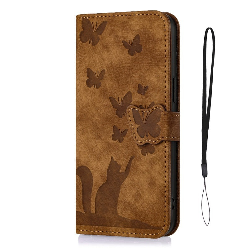 Butterfly Cat Embossed iPhone Leather Case