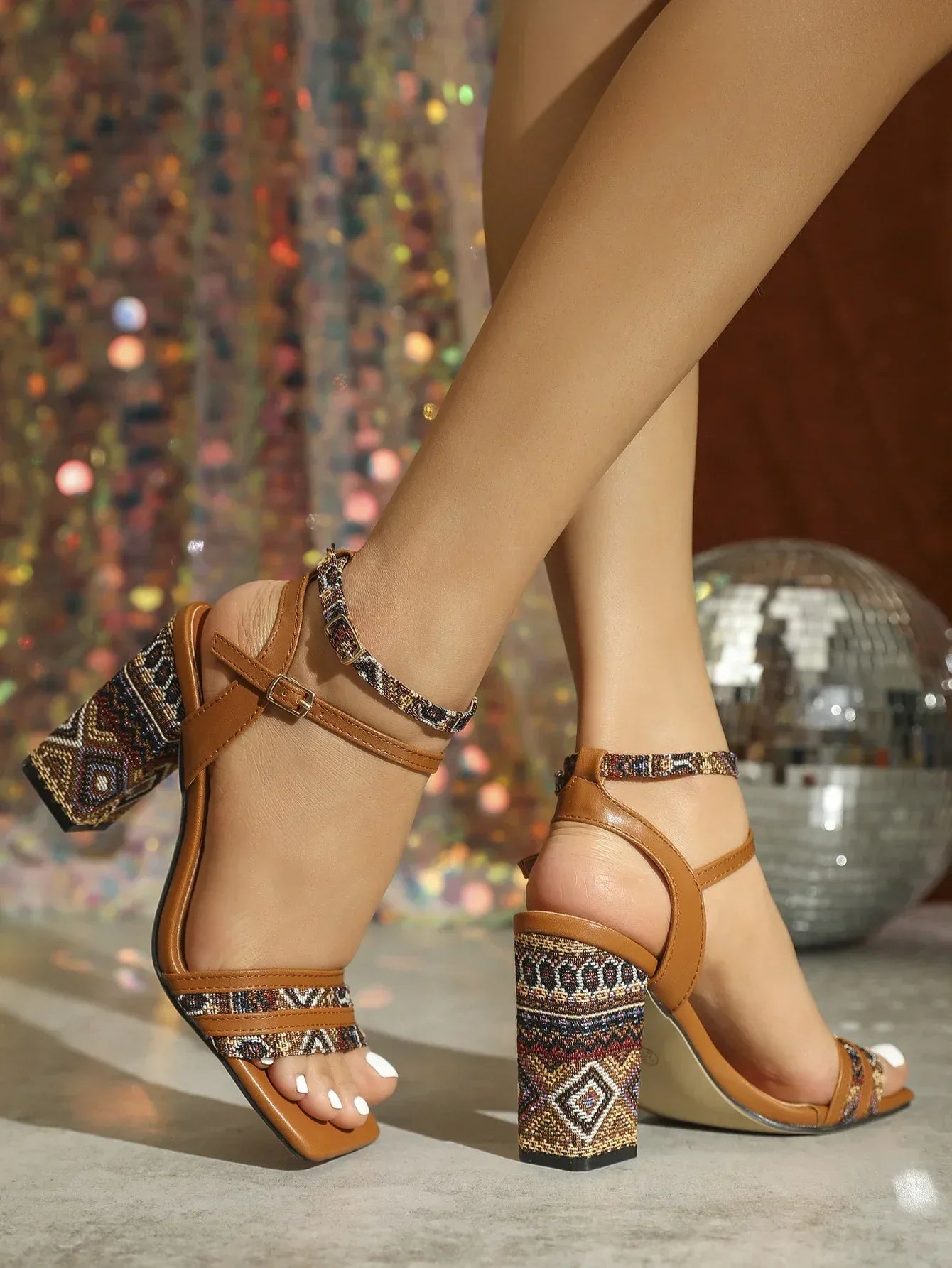Ladies Vintage Weave Square Chunky Heel - Viexta