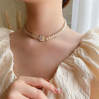 Gold Plated French Royal Style Pearl Flower Necklace - Viexta
