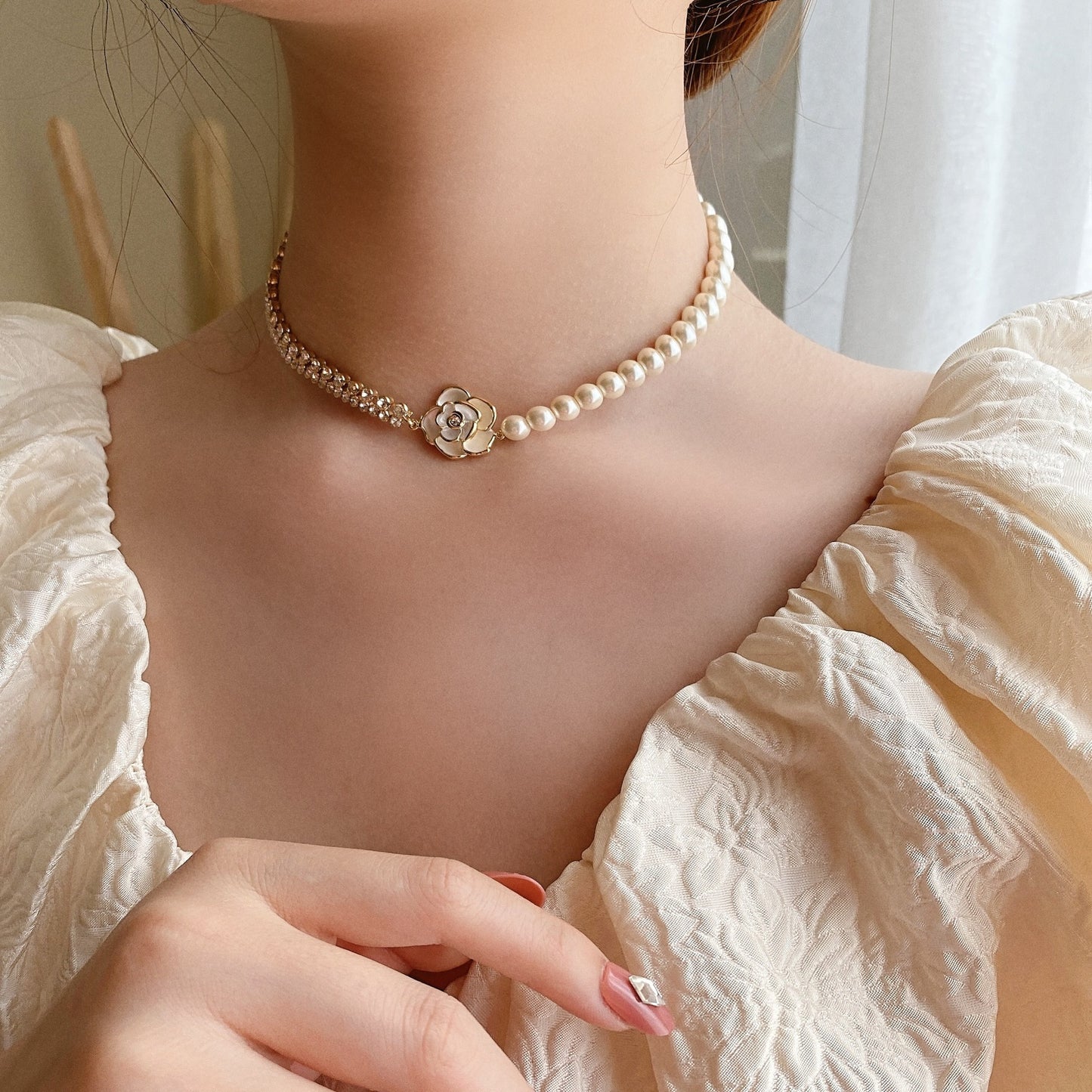 Gold Plated French Royal Style Pearl Flower Necklace