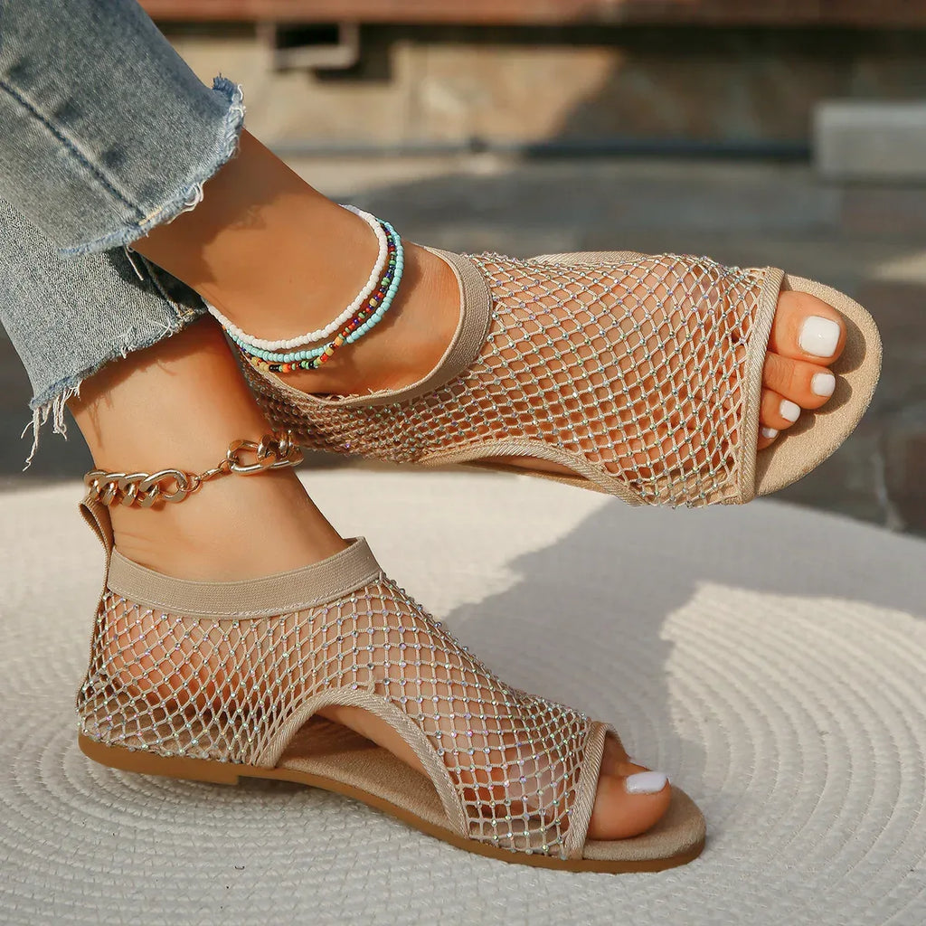 Summer Round Toe Hollow Rhinestone Sandals - Viexta