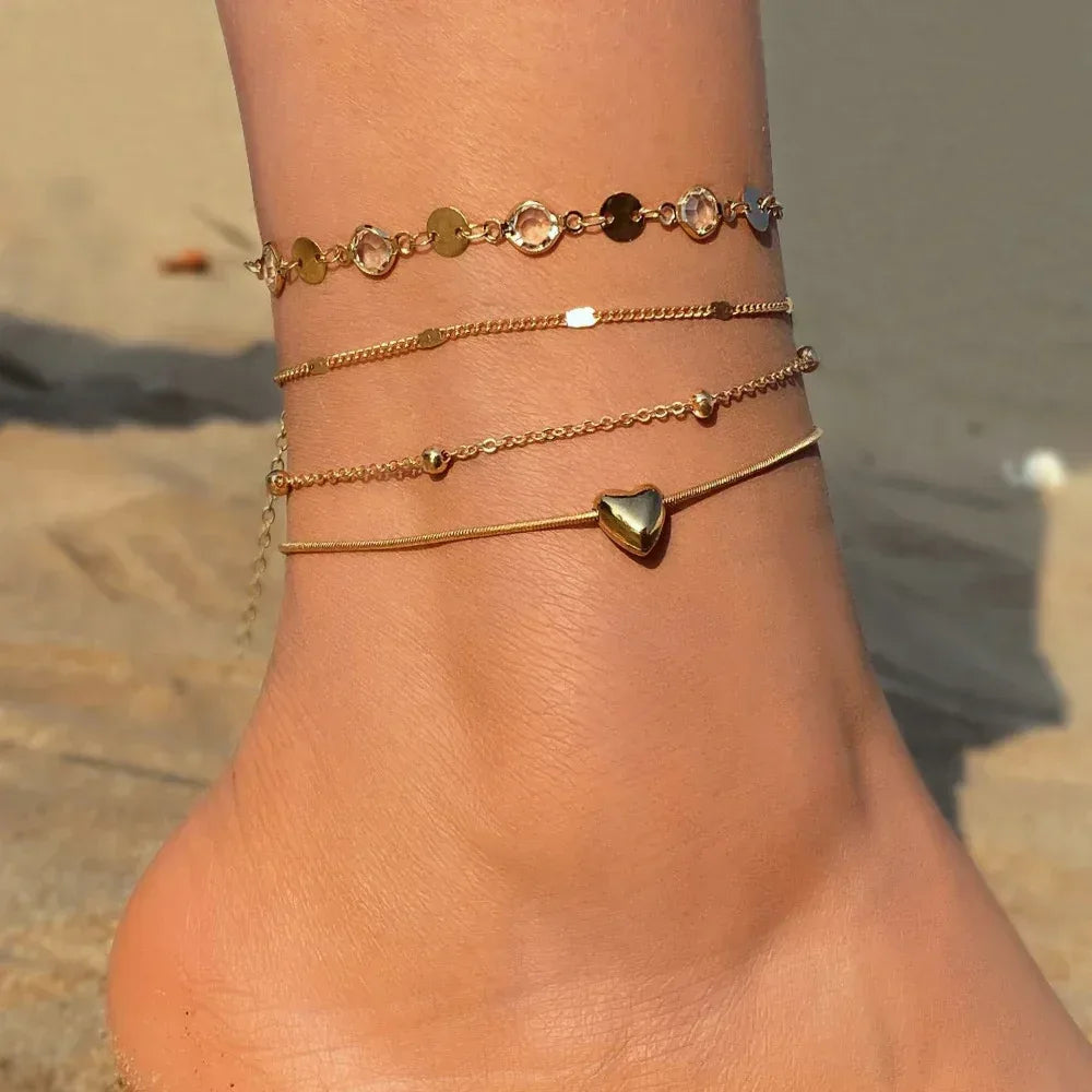 retro-love-butterfly-pearl-multi-layer-anklet-set - Viexta