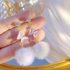 Long Butterfly Fur Ball Tassel Earrings - Viexta