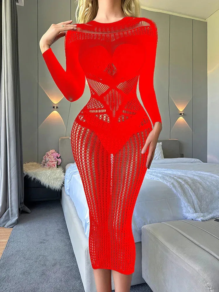 sexy-lingerie-nightdress-super-plus-size-long-sleeve-transparent-cutout - Viexta