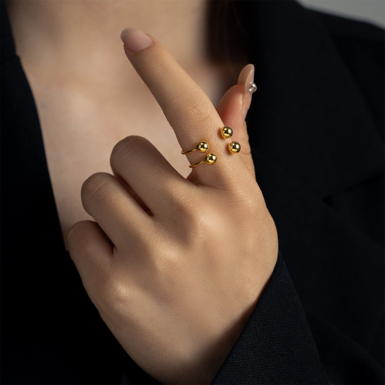 S925 Silver Four-ball Gold U-shaped Adjustable Ring