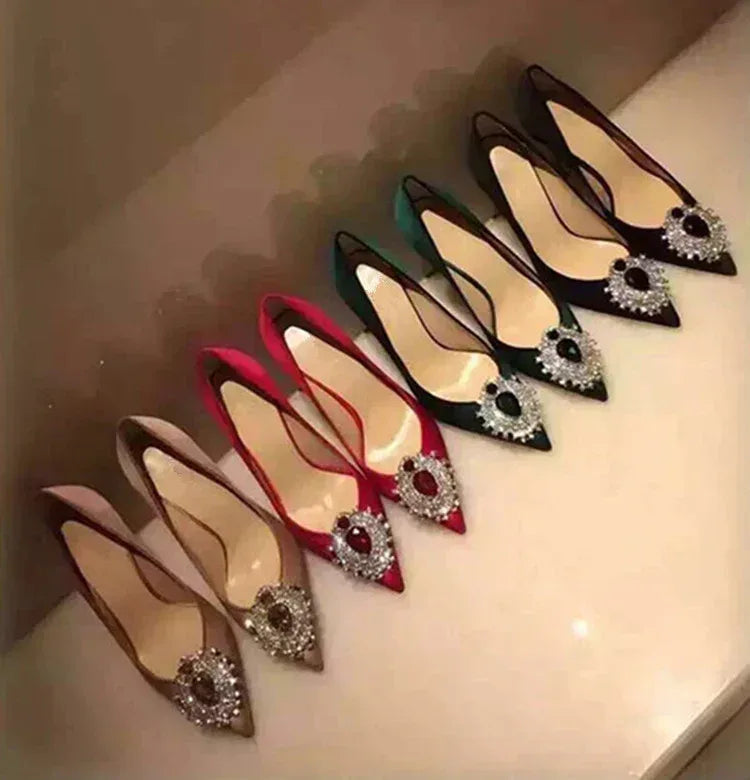 Rhinestone Pointed Satin Heels - Viexta