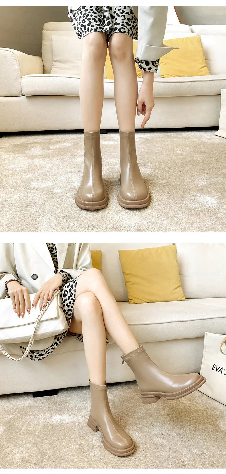 British Round Toe Solid Color Short Boots - Viexta