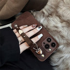 Vintage Leather Wrist Strap Premium Moon Crater iPhone Case