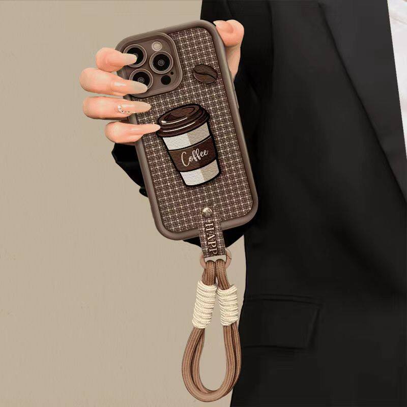Plaid Coffee-Style iPhone Case With Lanyard