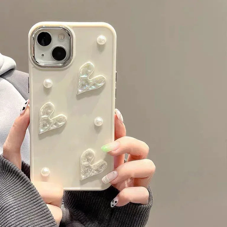 Milky White Pearl Pleated Heart Shell iPhone Case - Viexta