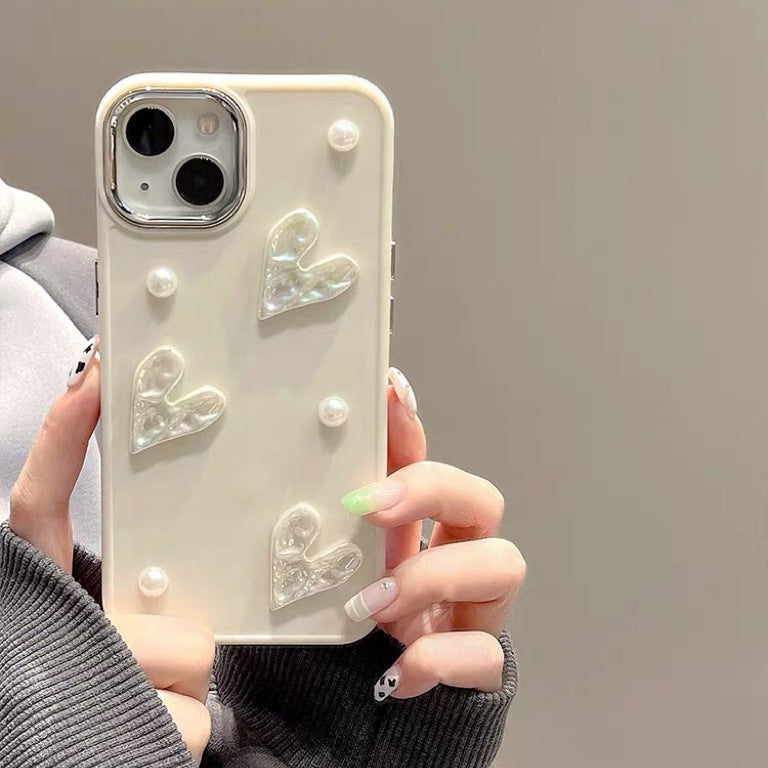 Milky White Pearl Pleated Heart Shell iPhone Case