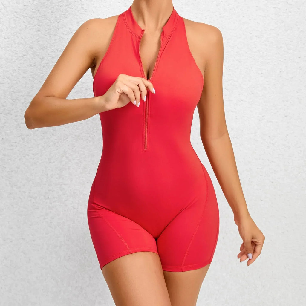 Zippered Yoga Fitness Shorts Jumpsuit Shapewear - Viexta