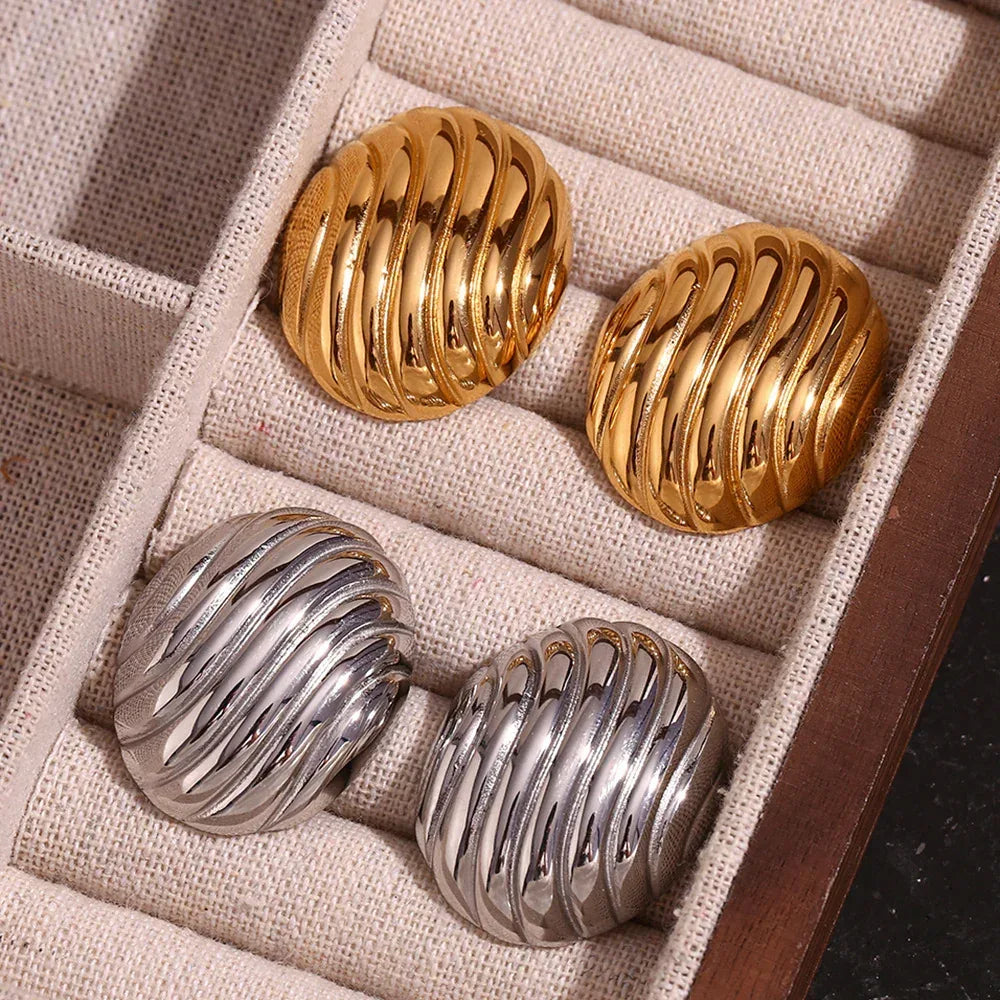 Stainless Steel Vintage Oval Streamline Stud Earrings - Viexta