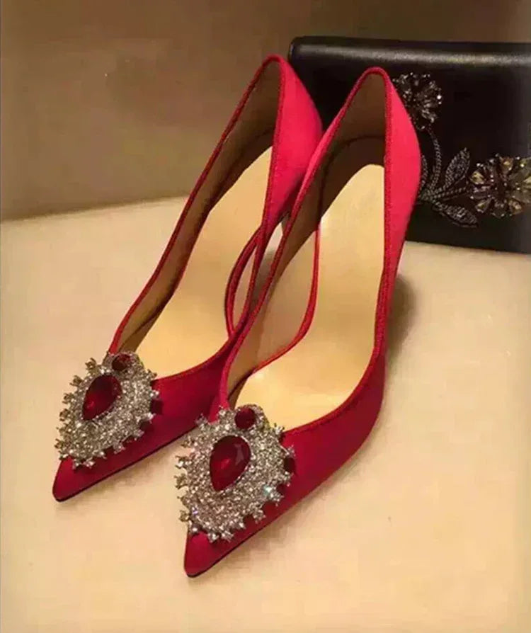 Rhinestone Pointed Satin Heels - Viexta