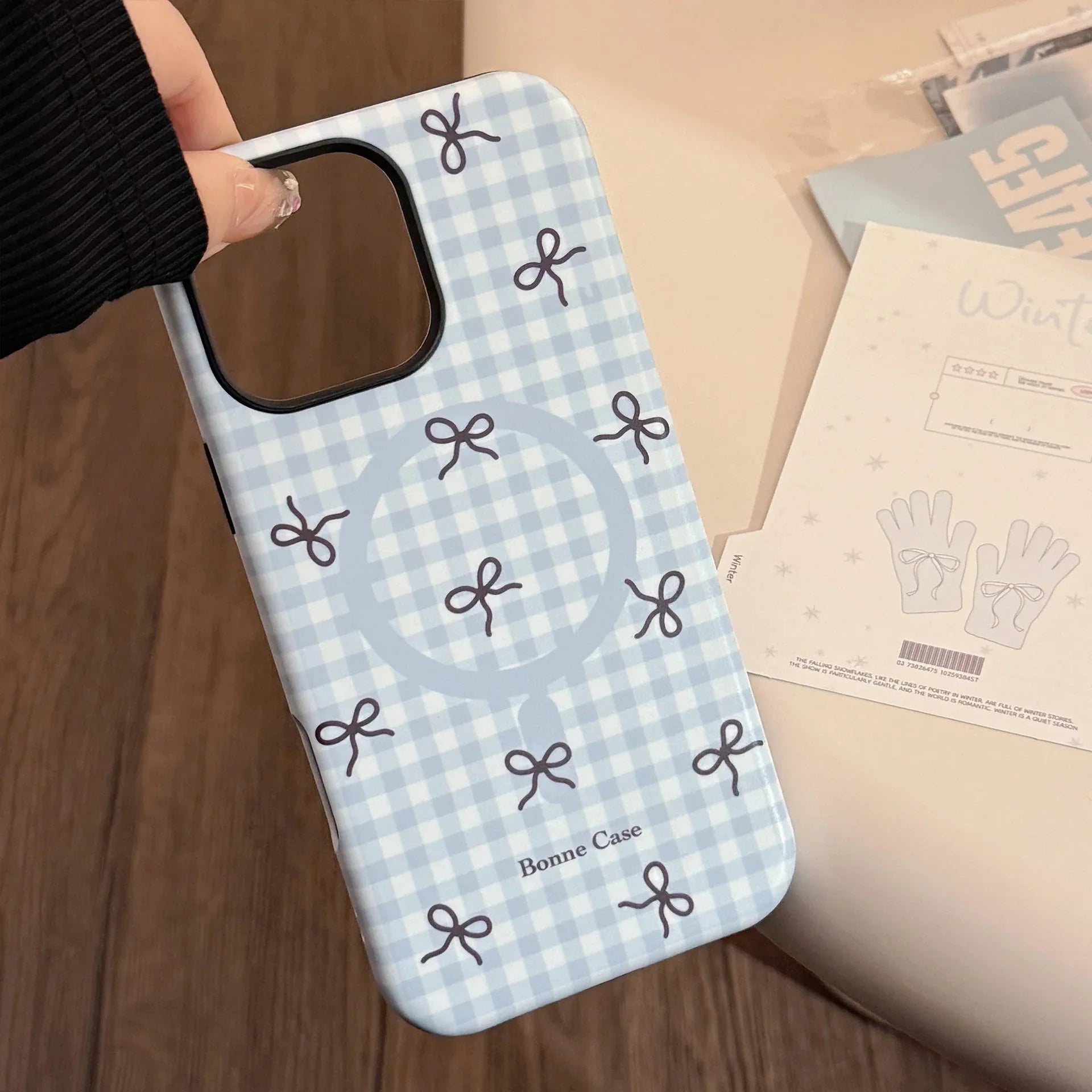 Plaid Bowknot Magnetic Stand iPhone Case