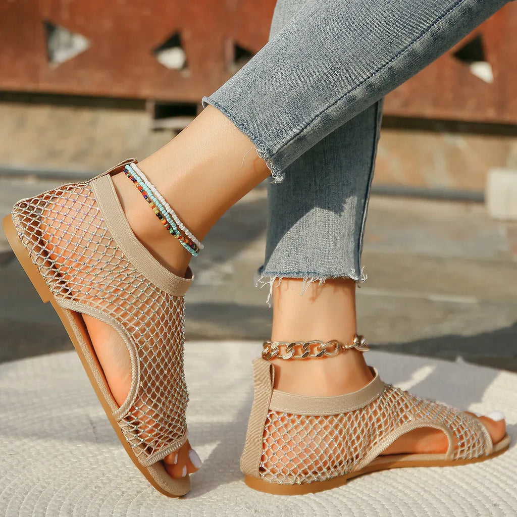 Summer Round Toe Hollow Rhinestone Sandals - Viexta