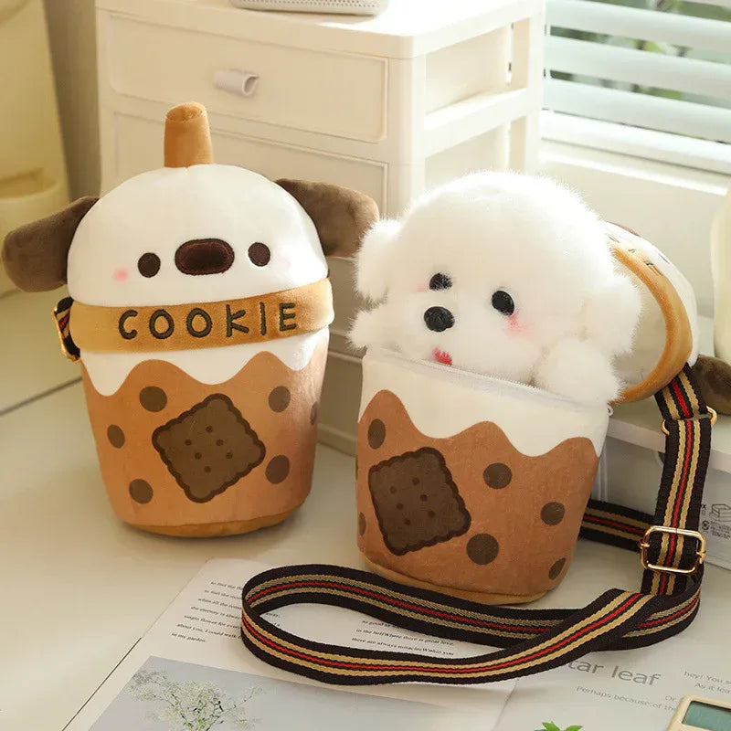 Milky Tea Cup Dog Crossbody Shoulder Bag Plush - Viexta
