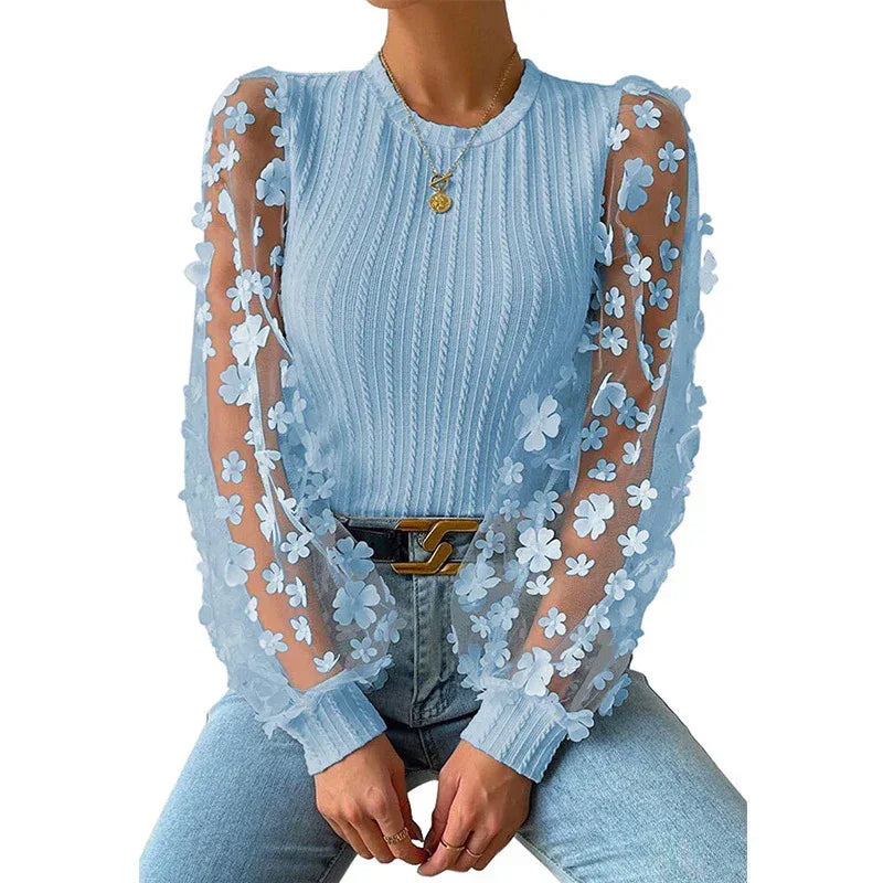 Women's Mesh Small Flower Chiffon Top - Viexta