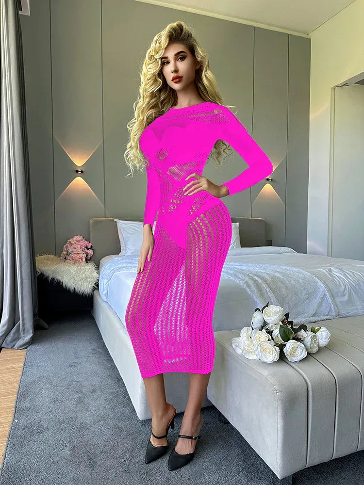 sexy-lingerie-nightdress-super-plus-size-long-sleeve-transparent-cutout - Viexta