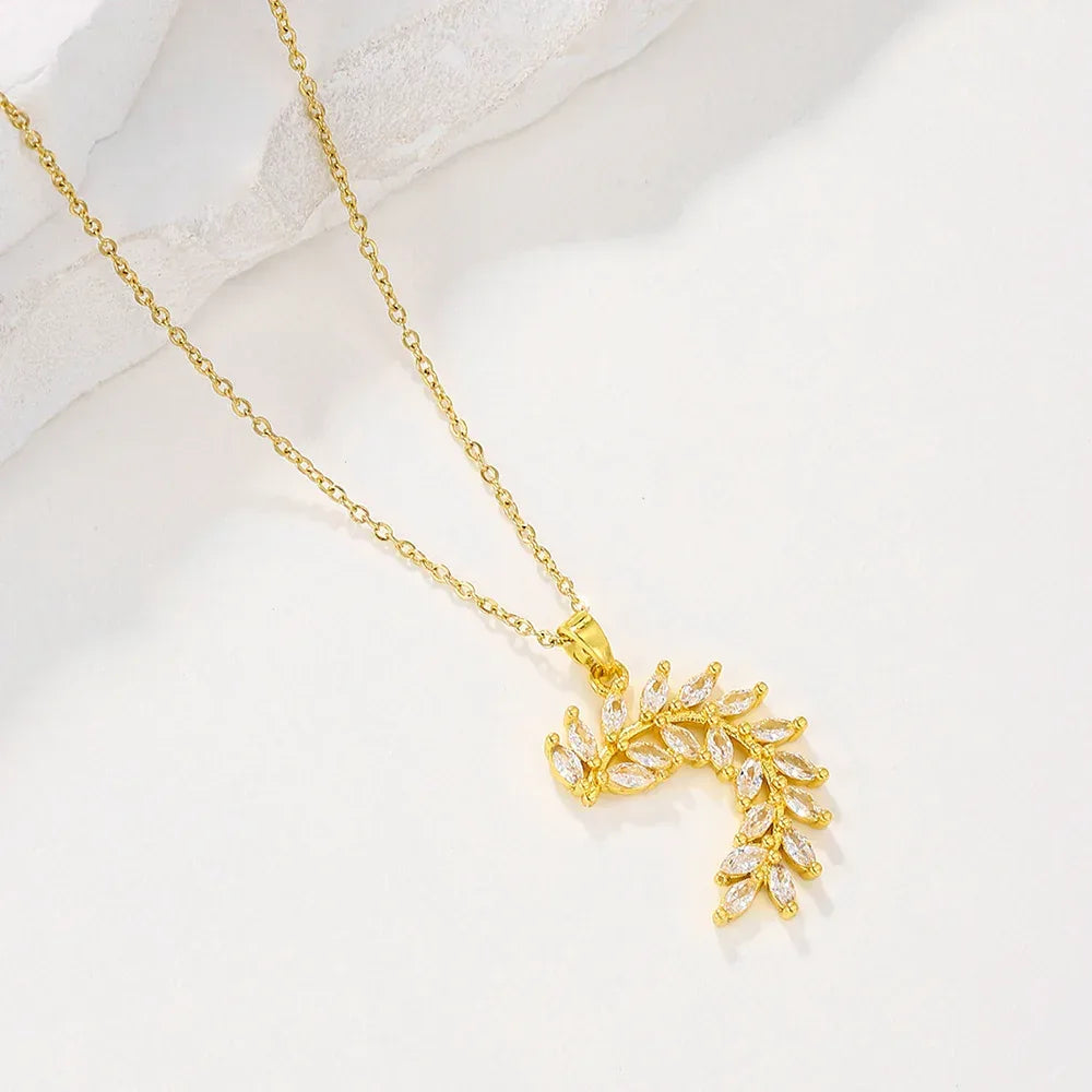 Sparkling Zircon Leaf Pendant Necklace - Viexta