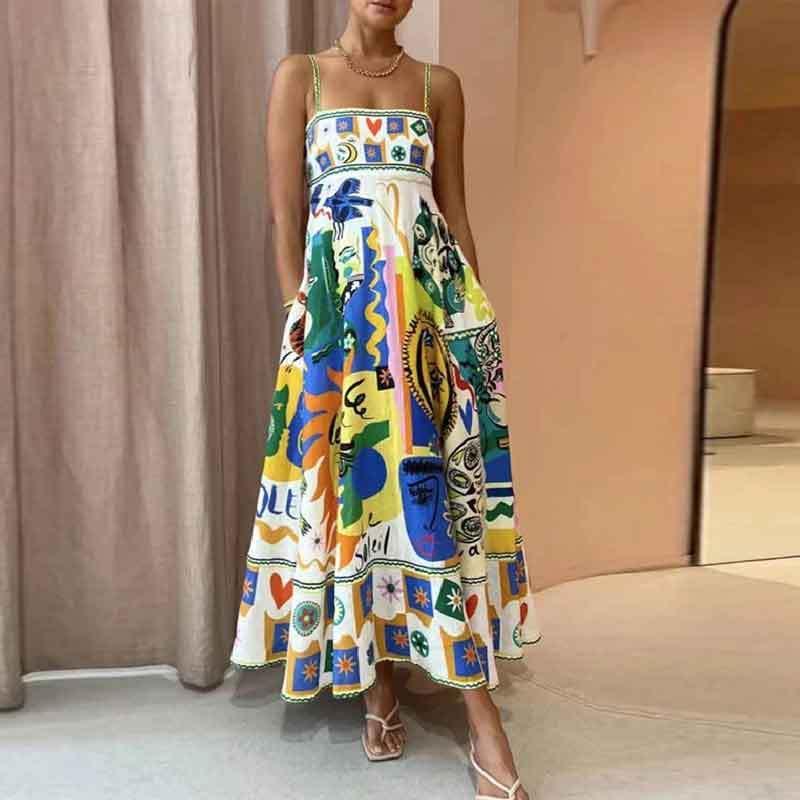 New Sleeveless High Waist Print Dress - Viexta